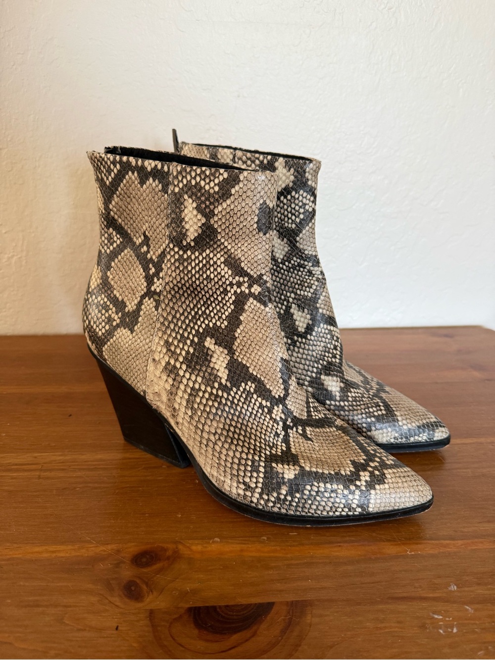 Dolce Vita Beige and Black Snake-Print Ankle Booties